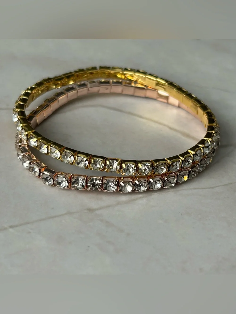Gold Tone and Rose Gold Tone Crystal Stretch Bracelet Set